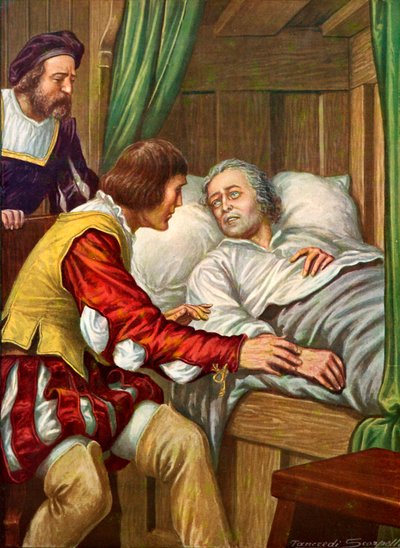 Christopher Columbus återhämtar sig från sjukdom för att hitta sin bror vid hans säng av Tancredi Scarpelli