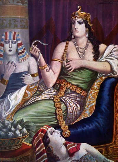 Egyptian Antiquite: "" The Death of Cleopatra"" Drottningen av Egypten Cleopatra VII Thea Philopator (69-30 f.Kr.) självmord genom att bli biten av två aspicormar (Suicide of Egypt Cleopatra) Illustration av Tancredi Scarpelli (1866-1937) från " " Storia d av Tancredi Scarpelli