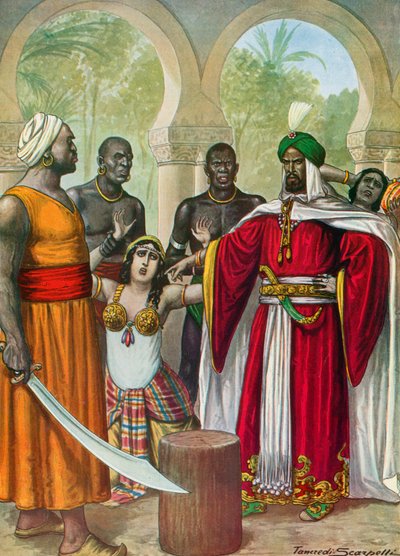 Ibn-Timnah hotar att skära upp venerna i sin hustru Meimunas armar. av Tancredi Scarpelli