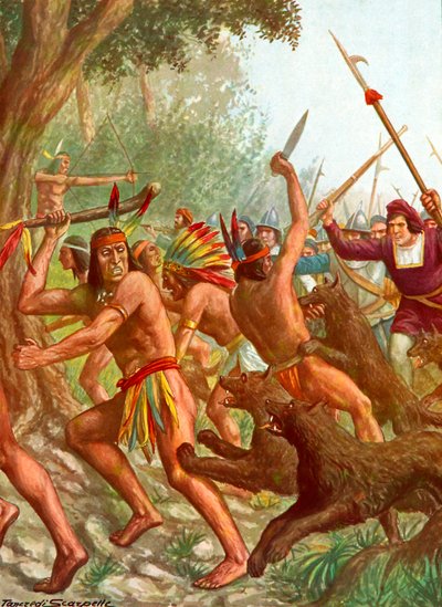 Indianer som jagas av hundar som används av spanjorerna i strid av Tancredi Scarpelli