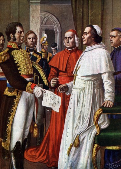 Påven Pius VII, fånge vid slottet Fontainebleau, samtyckte till att underteckna, den 25/01/1813, Concordat of Fontainebleau (1813), genom vilket han abdikerade sin timliga suveränitet, en del av sin andliga auktoritet (påven Pius VII instängd i Frankrike i av Tancredi Scarpelli