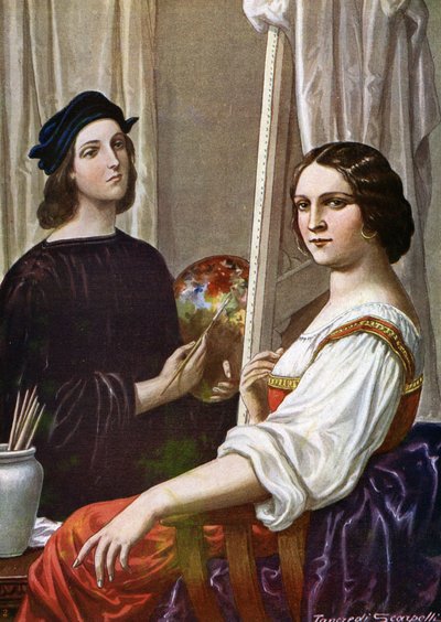 Porträtt av målaren Raphael (Raffaello Sanzio 1483 - 1520) som målar Fornarina (den italienska målaren Raphael och den unga damen kallad Fornarina) Illustration av Tancredi Scarpelli (1866-1937) från "Storia d