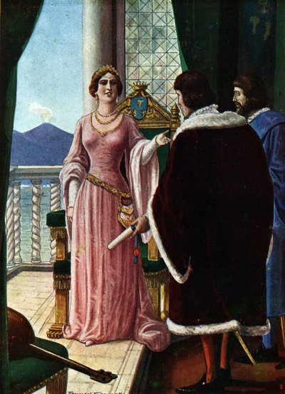 Drottning Joanna II av Neapel (Giovanna di Napoli eller Anjou Durazzo) (1373-1435) utser sin adoptivson Ludvig III av Anjou (1403-1434) Illustration av Tancredi Scarpelli (1866-1937) från "" Sto av Tancredi Scarpelli