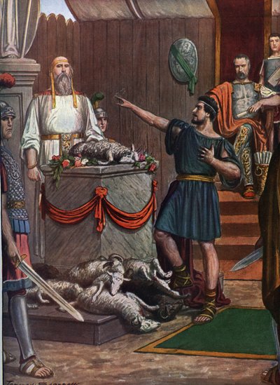 Romersk antiken, tredje samnitiska kriget: Samnitisk ceremoni och offer i hyllning till gudarna före slaget vid Aquilonia 293 f.Kr. Illustration av Tancred av Tancredi Scarpelli