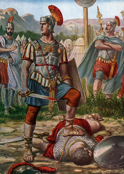 Romersk antiken: representation av konsul Titus Manlius Imperiosus Torquatus som besegrar en galler 361 f.Kr. - (Titus Manlius Torquatus slåss mot en gallisk krigare som utmanade den romerska armén och dödade honom, 361 f.Kr.) Illustration av Tancredi Scar av Tancredi Scarpelli