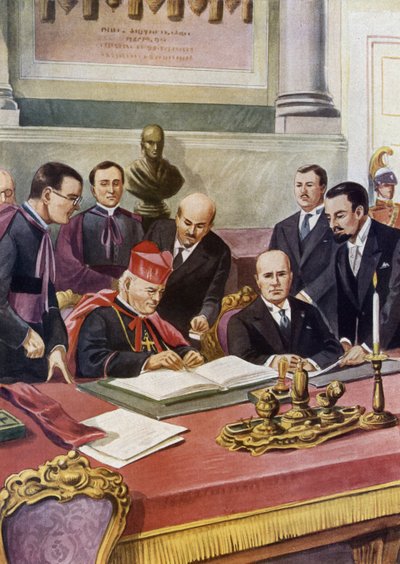 Undertecknande av Lateranavtalen (Patti lateranensi) mellan den italienska regeringen (fascistisk) och den Heliga Vatikanens belägring (St. Siege) som garanterar påvens suveränitet i Vatikanen och formaliserar den katolska religionen i Italien: Kardinal Pi av Tancredi Scarpelli