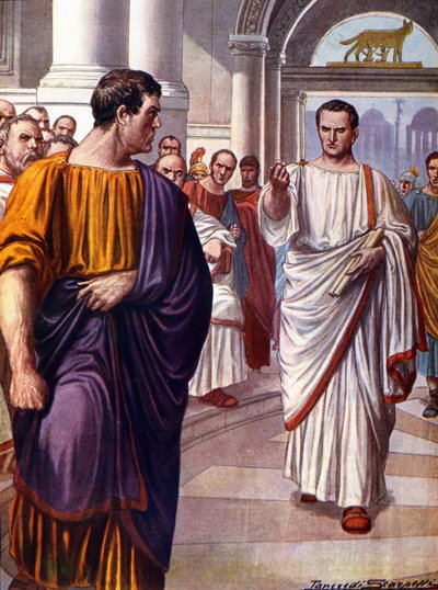 Den romerske statsmannen Ciceron (Marcus Tullius Cicero) (106-43 f.Kr.) korsar konspiratören Catilina (Lucius Sergius Catilina) (108-62 f.Kr.), som han fördömer 63 f.Kr. under catilinaries tal. Illustration av Tancredi Scarpelli (1866-1937) av Tancredi Scarpelli
