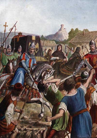 Begravningskåren för kejsar Otton (Othon) III av det heliga riket (980-1002) tar kvarlevorna genom Italien mot Aachen och kämpar i sin passage mot revolterade befolkningar (kistan till Otto III, den helige romerska kejsaren, som passerar genom folkmassor i av Tancredi Scarpelli