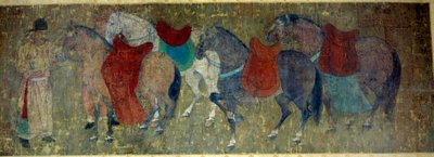 Kinesisk konst: "" två palefreniers som kör fyra hästar i ett imperialistiskt stall""" Fragment av en färgrulle i siden tillskriven Han Kan, målare av kejsar Hiuan tsongs hov (712-756). Tang period. Dämpa. 50x141 cm Paris musee Cernuschi av Tang Dynasty Chinese School