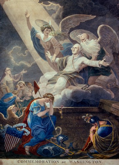 Kolorerad gravyr av George Washingtons ära upplyft till himlen av Time and Immortality, graverad i Philadelphia, ca 1799 (gravyr) (foto) av Ted Spiegel