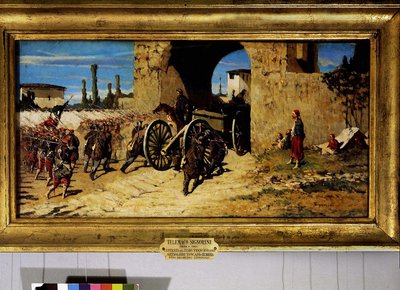 Avanti a braccia, inträde av de franska zouaverna och det toskanska artilleriet i Rubiera av Telemaco Signorini
