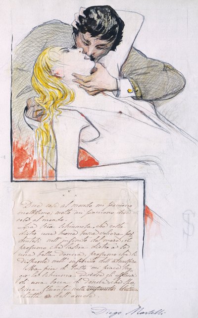Kyssen, av Telemaco Signorini (1835-1901) (teckning) av Telemaco Signorini