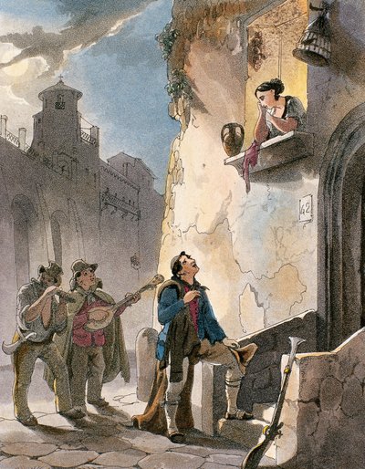 Serenad, illustration från kostymer och populära scener i Neapel av Achille Vianelli, ca 1830 (akvatint) av Teodoro Guglielmo Witting