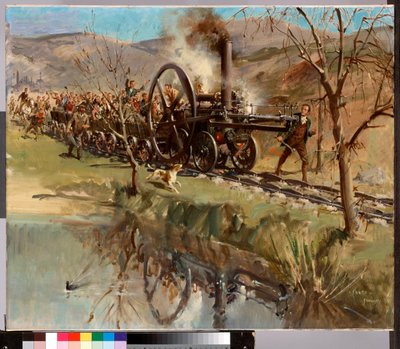 Trevithicks Penydarren-lokomotiv på sin episka resa från Merthyr till Abercynon, 21 februari 1804 (1963) (olja på duk) av Terence Cuneo