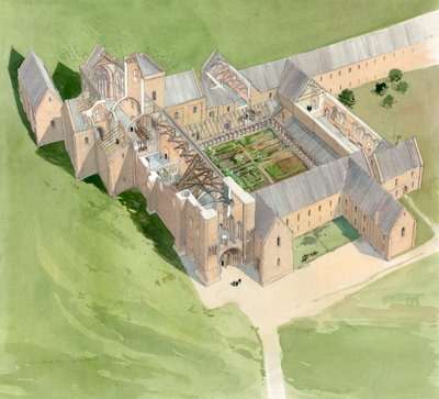 Flygfoto över Lilleshall Abbey, cirka slutet av 1400-talet, c1990-2010 av Terry Ball