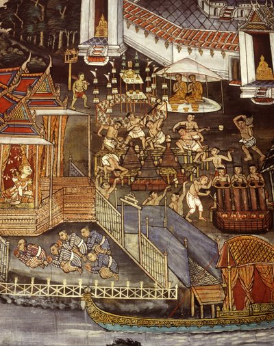 Gjutning av Buddha-bilder under Sukhothai-eran (väggmålning) av Thai School