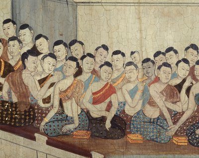Grupp kvinnor med klädsel och klippt hår som är typiskt för 4:e riket (väggmålning) av Thai School