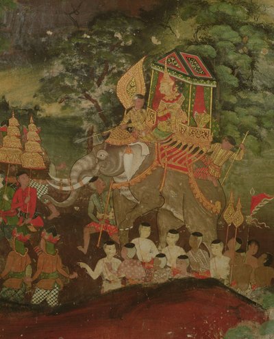 Kung Sanjaya på en elefant, Wat Suwannaram, Dhonburi, 1831 av Thai School