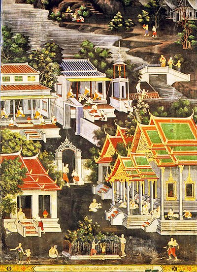 Life of the Monks, Wirharn Sasada, Wat Bowonniwet Vihara, Bangkok (fresk) av Thai School