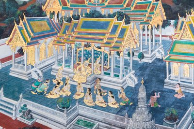 Väggmålning som visar scener från Ramayana vid Wat Phra Kaeo, Royal Grand Palace, Bangkok, Thailand av Thai School