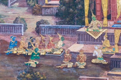 Väggmålning som visar scener från Ramayana vid Wat Phra Kaeo, Royal Grand Palace, Bangkok, Thailand av Thai School