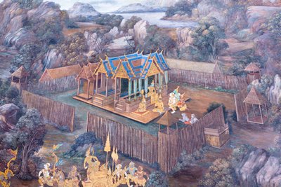 Väggmålning som visar scener från Ramayana vid Wat Phra Kaeo, Royal Grand Palace, Bangkok, Thailand av Thai School