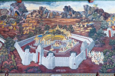 Väggmålning som visar scener från Ramayana vid Wat Phra Kaeo, Royal Grand Palace, Bangkok, Thailand av Thai School