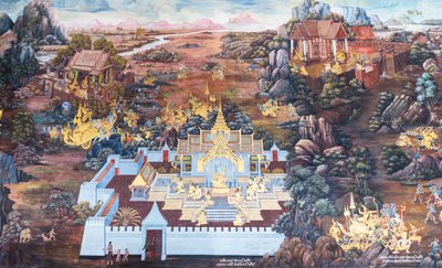 Väggmålning som visar scener från Ramayana vid Wat Phra Kaeo, Royal Grand Palace, Bangkok, Thailand av Thai School