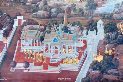 Väggmålning som visar scener från Ramayana vid Wat Phra Kaeo, Royal Grand Palace, Bangkok, Thailand av Thai School