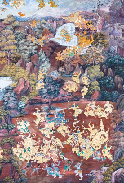 Väggmålning med scener ur Ramayana i Wat Phra Kaeo, det kungliga stora palatset, Bangkok, Thailand av Thai School