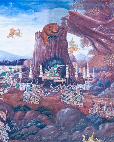 Väggmålning med scener ur Ramayana i Wat Phra Kaeo, det kungliga stora palatset, Bangkok, Thailand av Thai School