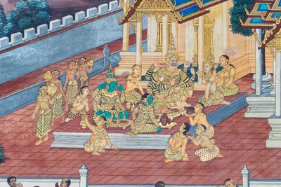 Väggmålning som visar scener från Ramayana vid Wat Phra Kaeo, Royal Grand Palace, Bangkok, Thailand av Thai School