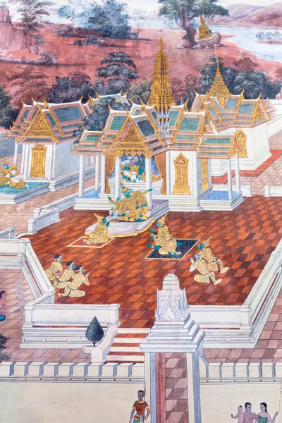Väggmålning som visar scener från Ramayana vid Wat Phra Kaeo, Royal Grand Palace, Bangkok, Thailand av Thai School