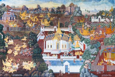 Väggmålning som visar scener från Ramayana vid Wat Phra Kaeo, Royal Grand Palace, Bangkok, Thailand av Thai School
