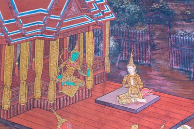 Väggmålning som visar scener från Ramayana vid Wat Phra Kaeo, Royal Grand Palace, Bangkok, Thailand av Thai School