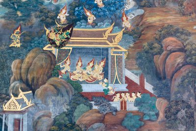 Väggmålning som visar scener från Ramayana vid Wat Phra Kaeo, Royal Grand Palace, Bangkok, Thailand av Thai School