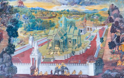 Väggmålning med scener ur Ramayana i Wat Phra Kaeo, det kungliga stora palatset, Bangkok, Thailand av Thai School