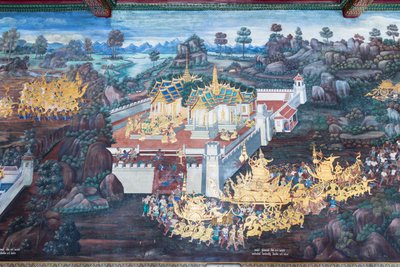 Väggmålning som visar scener från Ramayana vid Wat Phra Kaeo, Royal Grand Palace, Bangkok, Thailand av Thai School