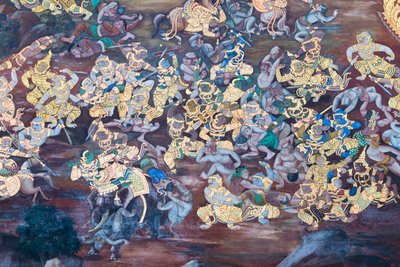Väggmålning som visar scener från Ramayana vid Wat Phra Kaeo, Royal Grand Palace, Bangkok, Thailand av Thai School
