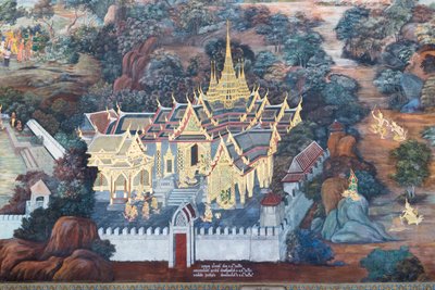 Väggmålning som visar scener från Ramayana vid Wat Phra Kaeo, Royal Grand Palace, Bangkok, Thailand av Thai School