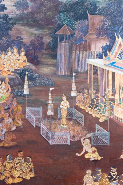 Väggmålning som visar scener från Ramayana vid Wat Phra Kaeo, Royal Grand Palace, Bangkok, Thailand av Thai School