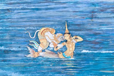 Väggmålning som visar scener från Ramayana vid Wat Phra Kaeo, Royal Grand Palace, Bangkok, Thailand av Thai School