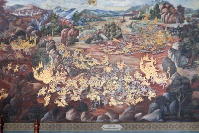 Väggmålningar som visar scener från Ramakian vid Wat Phra Kaeo, Royal Grand Palace, Bangkok, Thailand av Thai School