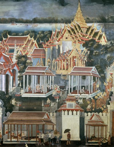 Offer till munkar i Emerald Buddhas tempel, 1864 (väggmålning) av Thai School