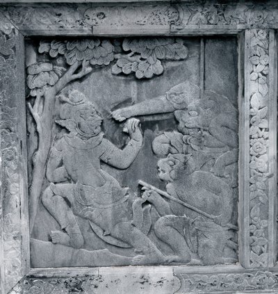 En av en serie reliefer som föreställer Ramakien (Ramayana) av Thai School
