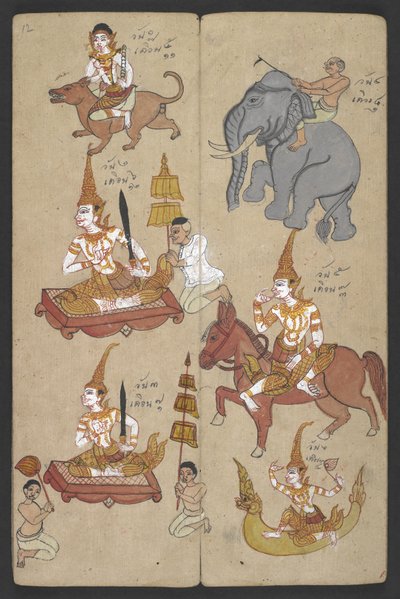 Eller 16455 f.12r, Djur från zodiaken, från Phrommachat (pergament) av Thai School