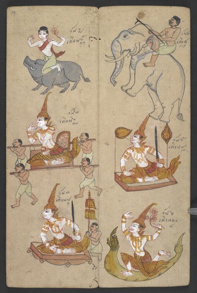 Eller 16455 f.14r, Djur från zodiaken, från Phrommachat (pergament) av Thai School