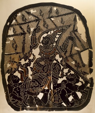 Scen från Nang Yai skuggdockteater som representerar Virunjambang, armégeneral Dasakantha, snidad läderpanel, Thailand, Thai Civilization av Thai School