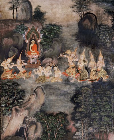 Frestelse av Buddha (väggmålning) av Thai School