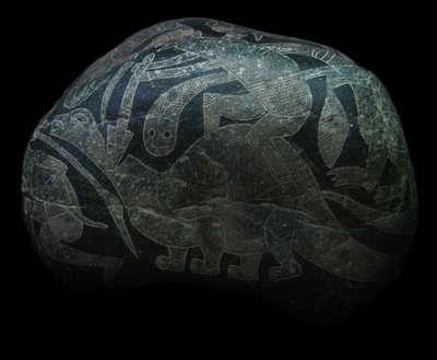ica-stenen. En man som dödar en dinosaurie. av The Ica stones.